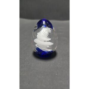 Signed Art Glass Egg Paperweight Cobalt Blue Clear White Swirl Studio Decor
